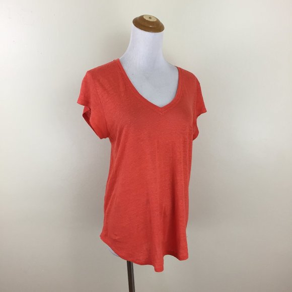 JOIE Orange 100% Linen Short Sleeve V Neck Tee Shirt Top - Picture 1 of 8